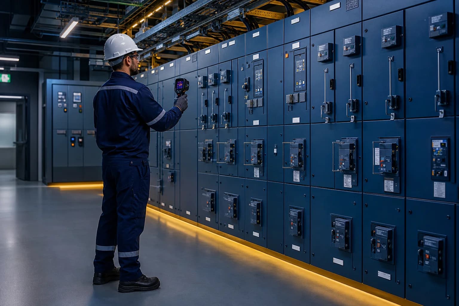 Technician inspecting modern commercial electrical switchgear — illustrative category image