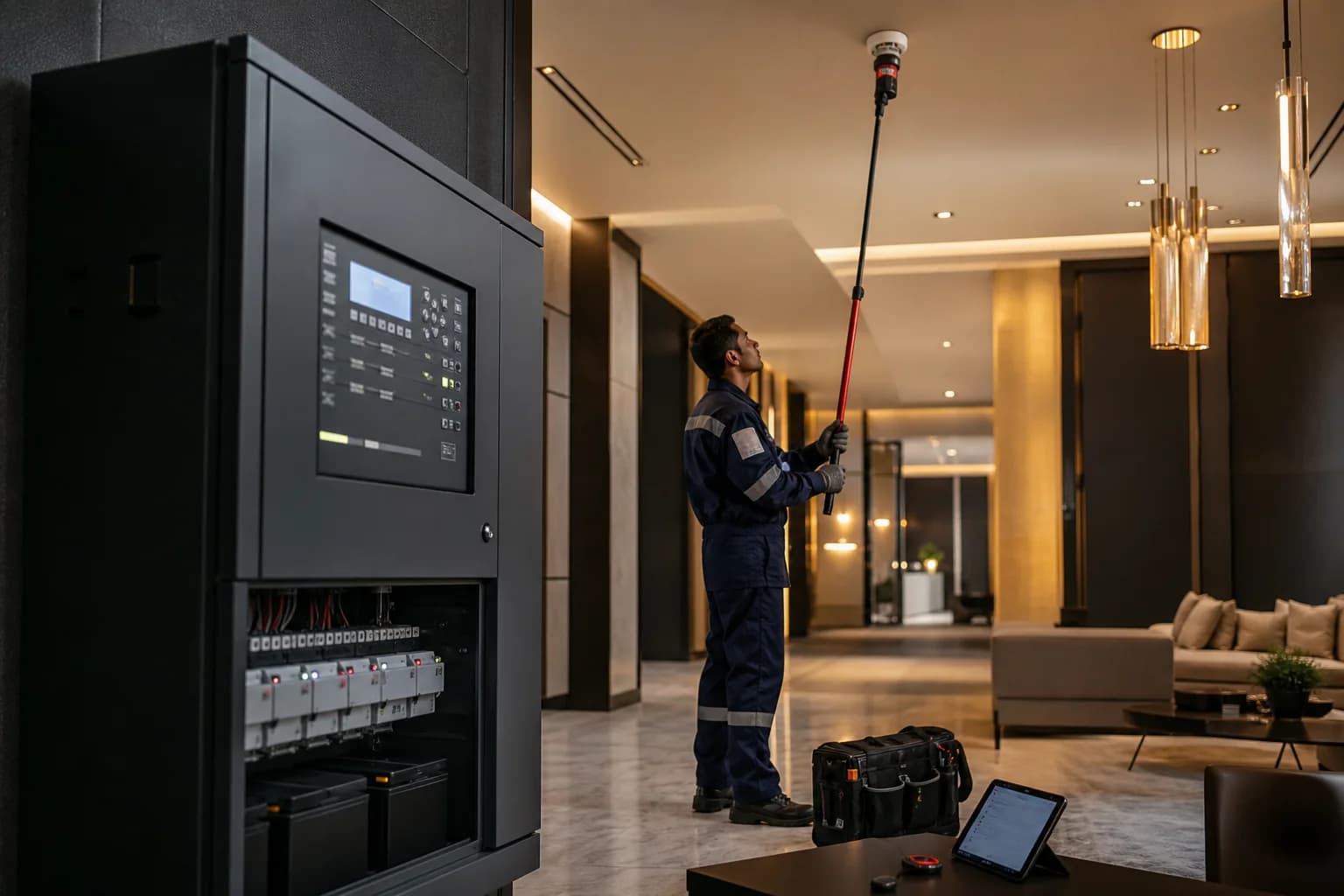 Fire alarm technician testing a detector in a commercial building — illustrative category image