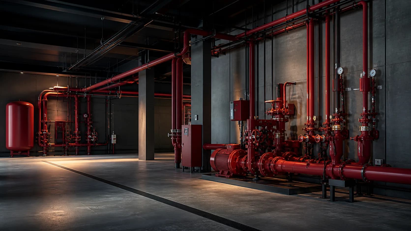 Modern commercial fire pump and sprinkler riser room — illustrative category image