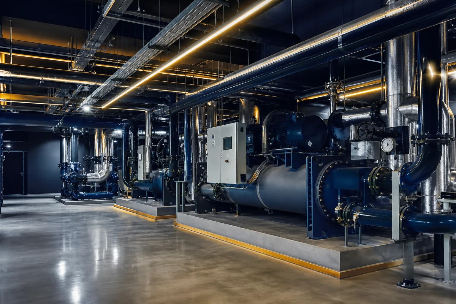 Modern commercial chiller and pump plant — illustrative category image
