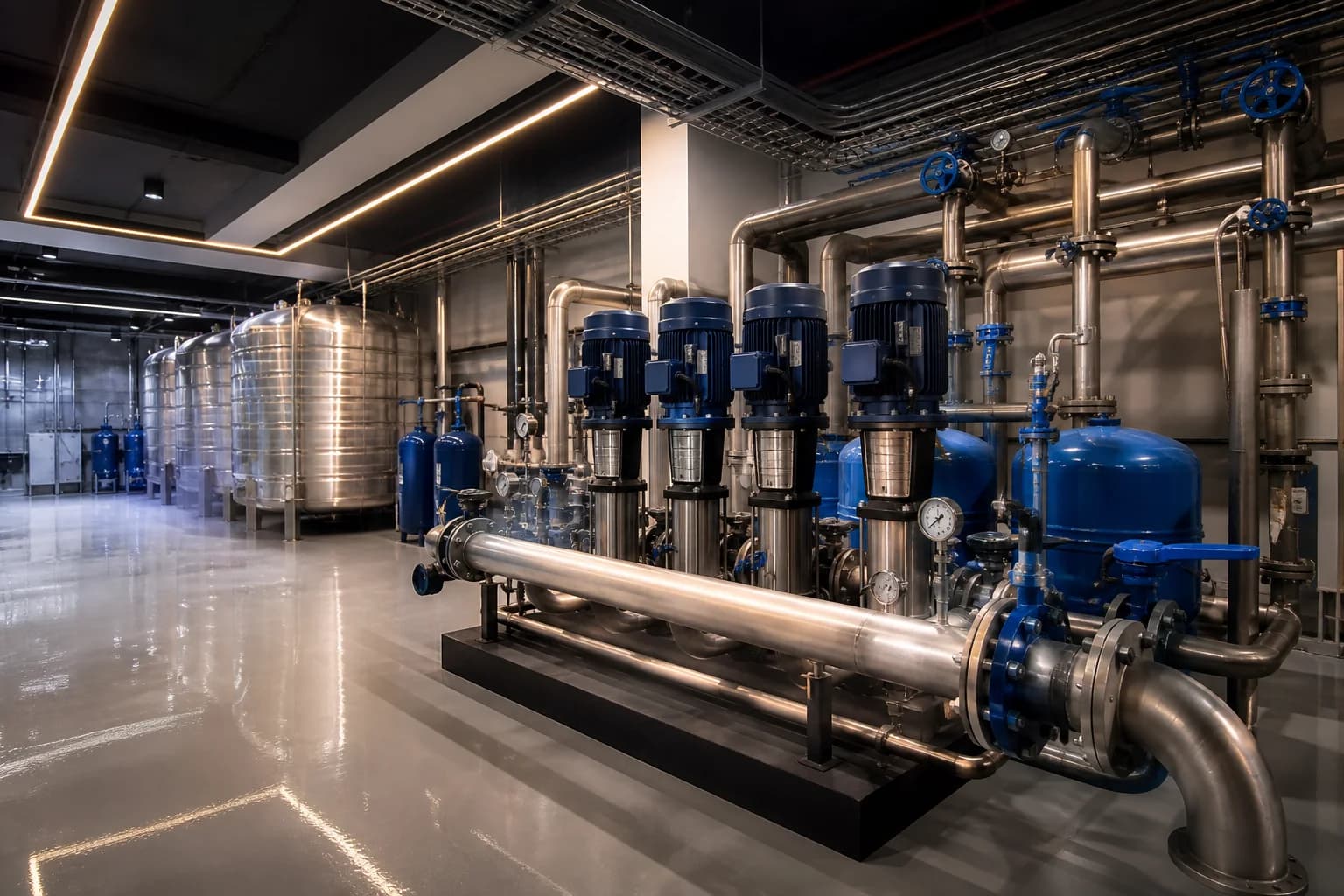 Modern commercial water pumps, pipework and storage tanks — illustrative category image