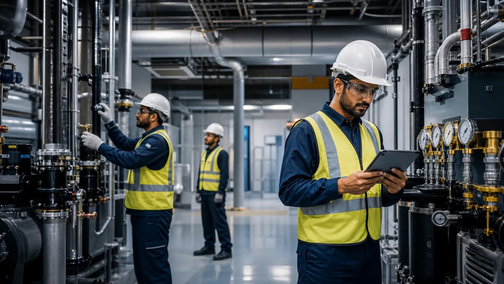 Technical team executing and inspecting building systems — illustrative process image
