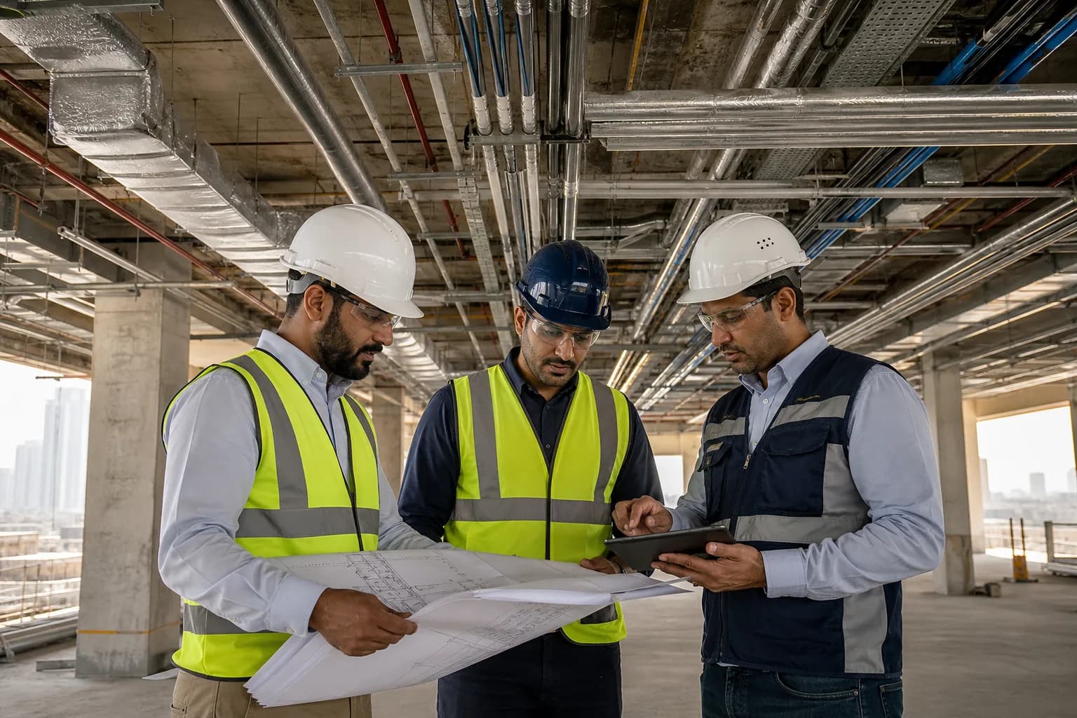 Contractor, engineer and consultant coordinating building services — illustrative sector image
