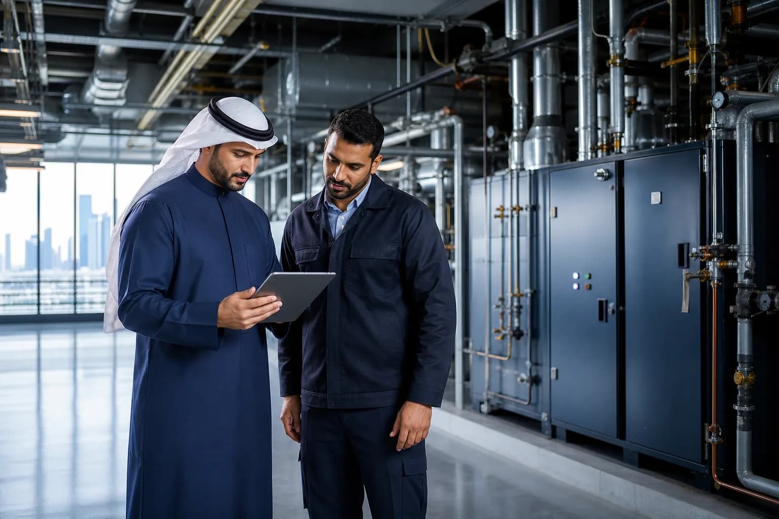 Property manager and facility engineer reviewing building systems — illustrative sector image